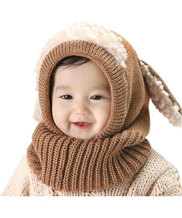 Baby Balaclava Double Pom Pom Knitted Hood Hat | Winter Warm Beanie Cap for Boys & Girls | Cute Small Bear Design | E-Brown - Buy Online on GoSupps.com