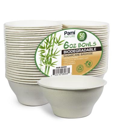 PAMI 100% Biodegradable Sugarcane Bowls Pack of 50 6 oz. Natural Compostable Soup Bowls- Planet-Friendly Bagasse Bowls For Hot & Cold Uses- Heavy-Duty Disposable Microwavable Paper Serving Bowls