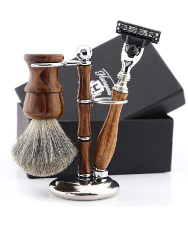 Haryali London Razor Set - 3 -part razor set made of wood - razor with 3 blades - razor made of roof hair - wooden razor brush and stainless steel - shaving set as gift set - Buy Online on GoSupps.com