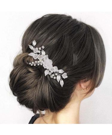 Edary Bride Flower Wedding Hair Comb Silver Pearl Headpiece Leaf Wedding Side Comb Bridal Hair Accessories for Women and Girls - Buy Online on GoSupps.com