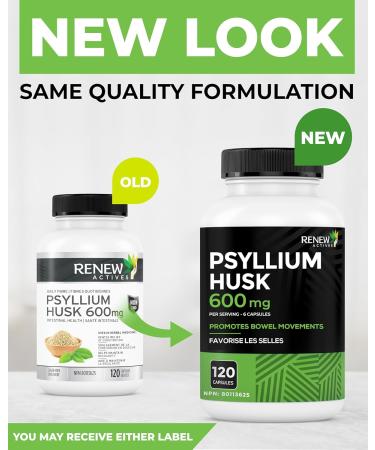 Renew Actives Psyllium Husk 1200MG per 2 Capsules Bulk-Forming Laxative & Soluble Fiber for Digestive Health Regularity & Adult Wellness Pure Ingredients Made in Canada 120 Capsules - Buy Online on GoSupps.com