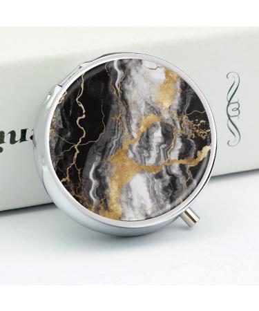 Round Pill Box - Black White Gold Foil Marble Print | 3 Compartment Medicine Organizer | Decorative Portable Pill Case - Buy Online on GoSupps.com
