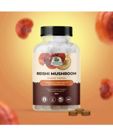 Reishi Mushroom 500mg Extract Tablets - 30% Polysaccharides - Natural Mushroom Complex for Overall Wellbeing and Immune System Support - 30 Count - Buy Online on GoSupps.com