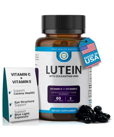 TRUEMED Lutein Vitamin C + Vitamin E 20mg Lutein with 4mg Zeaxanthin Eye Health Support Blue Light & UV Protection Supports Macular & Retinal Function 60 Softgels USA Made GMP Certified