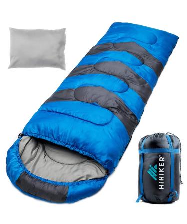 HiHiker Camping Sleeping Bag + Travel Pillow w/Compact Compression Sack  4 Season Sleeping Bag for Adults & Kids  Lightweight Warm and Washable, for Hiking Traveling. Blue