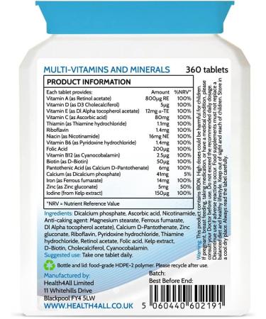 Health4All Multivitamins & Minerals One a Day 360 Easy to Swallow Tablets 1 Year Supply 100% RDA Daily Essential Nutrients for Men & Women Supports Energy Immunity & Overall Health | Made in UK 360 count (Pack of 1) - Buy Online on GoSupps.com