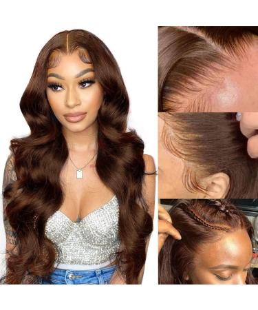 Chocolate Brown Body Wave Lace Front Wig 13X4 HD Lace Front Wigs Human Hair 150 Density Brazilian Virgin Human Hair Pre Plucked with Baby Hair 20 Inch Colored Human Hair Lace Front Wigs ( Brown Color, Body Wave Wigs With F…