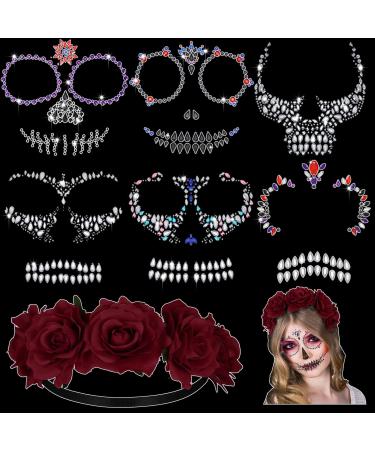 Chunyin 7 Pcs Day of the Dead Face Gems Tattoo and Floral Crown Garland Set  Makeup Halloween Temporary Rhinestone Stick on Skull Tattoo Stickers Red Rose Headband Headpiece for Women Girl Costume