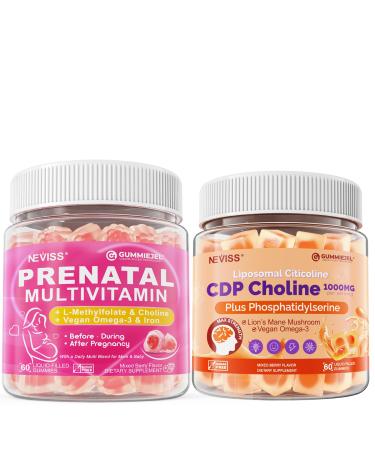 NEVISS Prenatal Vitamins for Women Multivitamin Gummies w/Methylfolate 1mg Choline Omega-3(DHA+EPA) Iron + Citicoline 1000mg CDP Choline Gummies & Phosphatidylserine 300mg