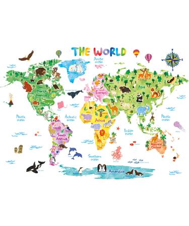 DECOWALL DLT-1615 X-Large Animal World Map Kids Wall Stickers (61x43 inch) Jungle Safari Wild Giraffe Educational Geological Nature Wall Decals Removable Nursery Bedroom Living Room Xl Animal World Map