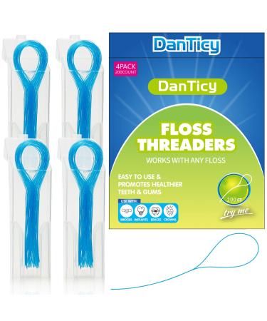 DanTicy Floss Threaders Deep Clean Floss for Braces Bridges and Implants 200PCS(4Pack) Blue