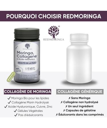 Collagen and Hyaluronic Acid with Copper Zinc Biotin Vitamin A B2 B3 C Moringa Bio | Supplement for Skin and Joints | Anti-Wrinkle | Made in Italy RedMoringa (180 Capsules) - Buy Online on GoSupps.com