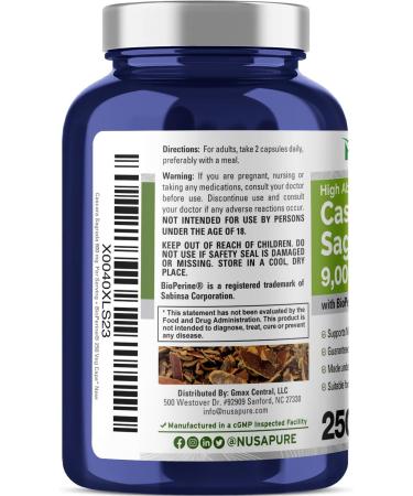 NusaPure Cascara Sagrada 9 000mg - 250 Vcaps (Bioperine Non-GMO 10:1 Extract) | International Shipping Available - Buy Online on GoSupps.com