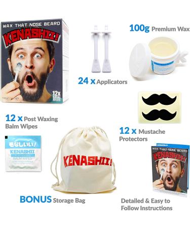 Kenashii Nose Wax Kit - 100g Wax, 24 Applicators | Nose Hair Removal for Men and Women | 12 Applications + Balm Wipes + Mustache Guards - Buy Online on GoSupps.com