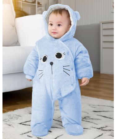 JiAmy Baby Winter Hooded Romper Fleece Snowsuit Jumpsuit - Cartoon Cat Outfit (Blue) | 0-12 Months - Buy Online on GoSupps.com