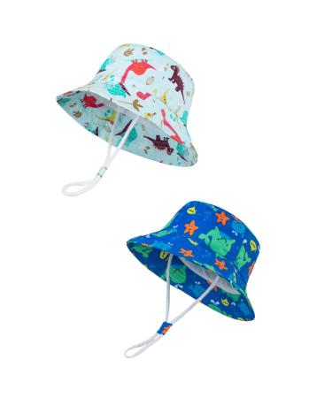 LANGZHEN Beach Sun Protection Hat for Baby Girls Adjustable Toddler Kids Hat Wide Brim Summer Play Hat with Chin Strap Colorful Dinosaur+Blue-Whale 1-2 Years