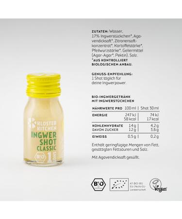 Kloster Kitchen Ginger Tasting Kit SI Size 1 x 360 ml + 6 x 30 ml with real ginger pieces I Organic vegan shot gift set I sweet spicy and with natural sweetness - Buy Online on GoSupps.com
