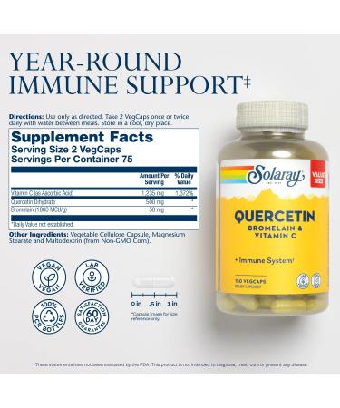 Solaray Quercetin Bromelain & Vitamin C - Immune System & Respiratory Support - Vegan Formula - 150 Count - 60 Day Guarantee - Buy Online on GoSupps.com