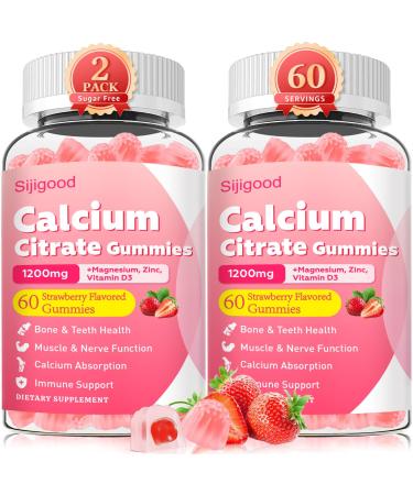 2 Pack Calcium Citrate Gummies 1200mg, Calcium Supplements for Women & Men, High Absorption Calcium Gummies with Vitamin D3, Magnesium & Zinc for Muscle, Bone & Immune Support, Strawberry Flavor Strawberry 60 Count (Pack of