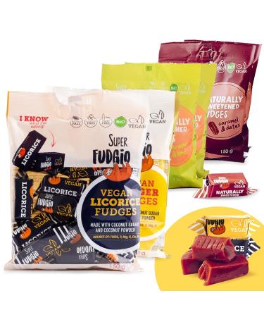 Super Fudgio Organic Bonbons - News Mix - vegan and gluten -free - organic caramel candies without palm oil |6 x 150g |2x data 2xlimette ginger liquorice mix: 2x date 2x lime 1x ginger 1xlakritz 1 piece (6 Pack)