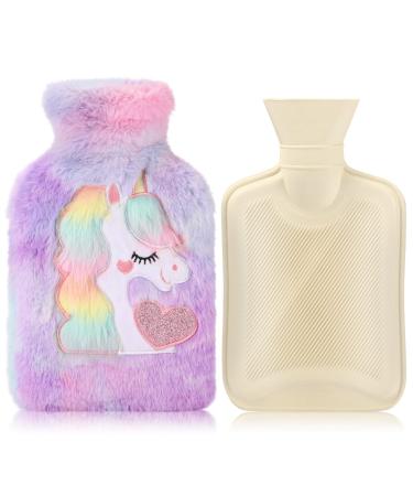 Hot Water Bottle with Cover Removeable & Washable Soft Unicorn Plush Bottle Cover Warm in Winter Natural Rubber 1 L for Neck Waist Back Legs Shoulder (Purple)