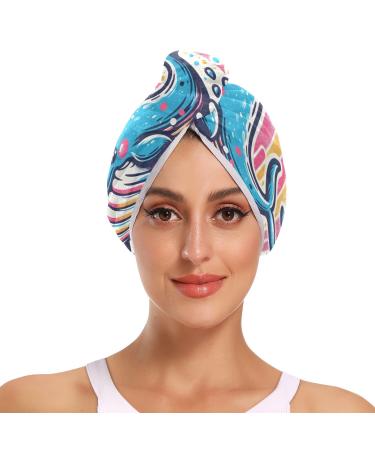 Whale Rainbow Waves Hair Towel 2 Pack Super Absorbent Hair Drying Towel Quick Dry Hair Turbans Head Towel with Button Twisty Wrap for Women Girls