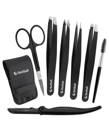 SetSail Tweezers 7 Pack Precision Tweezers for Women Best Professional Stainless Steel Eyebrow kits with Case for Shaping Eyebrows Hair Removal Black 7p
