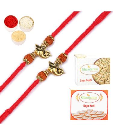 Ghasitaram Gifts Rakhi for Brother Rakhis Online - Set of 2 - LD-9017 Ganesha Rudraksh Rakhi with 200 GMS of Kaju katli and 200 GMS of Soan Papdi