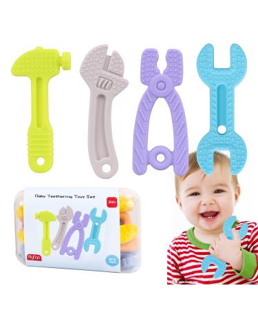 Ryfan Baby Teething Toys for Babies 0-6 Months teethers for Babies 6-12 Months Baby Toys BPA Free Silicone Toolbox teether car seat Toys Infant Toys with Storage Box and 2pcs Pacifier Clip(4-Pack) CUTE A