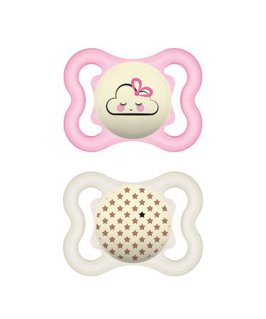 MAM SUPREME Night Schnuller in the 2 Set bright baby pacifier for healthy dental and jaw development prevents skin irritation with pacifier box 0-6 months cloud/star pink/stars 2 pieces (1 Pack)