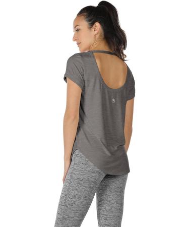 icyzone Women's Backless Yoga T-Shirt | Short Sleeve Casual V-Neck Leisure Tops | M Black/Dark Grey | International Shipping - Buy Online on GoSupps.com