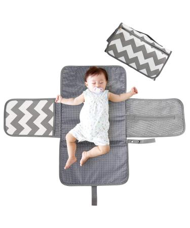 BelleStyle Portable Nappy Changing Mat Travel Baby Change Mat with Head Cushion & Organizer Pockets Foldable Baby Changing Table Baby Changing Mat Padded Waterproof Baby Travel Essentials Grey Grey Waves