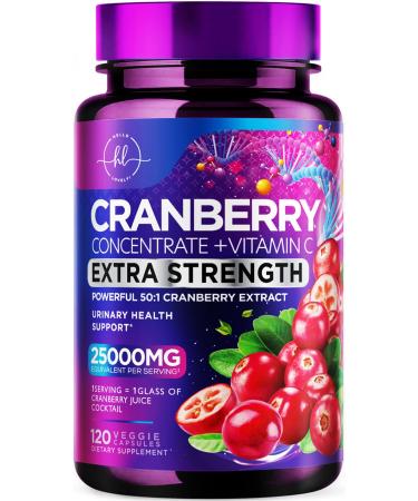 Cranberry Supplement Pills Extract from 25000mg - 3X Strength Concentrated Whole Fruit Cranberry with Vitamin C Triple Strength for Cleanse & Urinary Tract Health Support Sugar-Free - 120 Capsules 120 Count (Pack of 1)