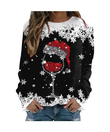 Women's Christmas Sweatshirts Cute Snowman Penguin Print O-Neck Raglan Top Shirt Pullover Comfy Warm Xmas Jumper Winter Long Sleeve Tops Loose Tunic Top Sweaters Z21-black S