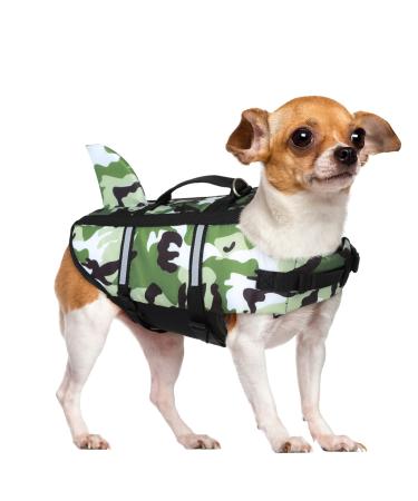 Queenmore Dog Life Jacket Pet Safety Vest High Buoyancy Camouflage Color Cute Shark with Strong Rescue Handle and Leash Ring for Boating, Canoeing, Surfing, Hunting, Green S Small Green