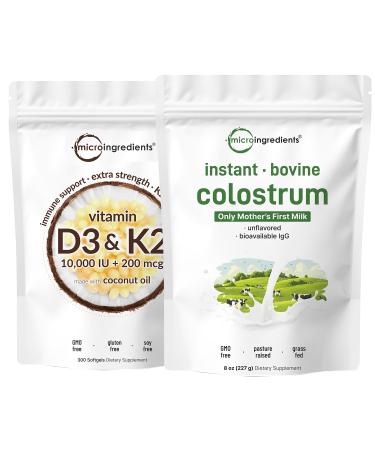 Micro Ingredients Vitamin D3 10 000iu + K2 200mcg Coconut Oil Softgels & Instant Colostrum Powder Bundle 2 Pack | Essential Sunshine Vitamins | Grass-Fed Bovine Mother s First Milk