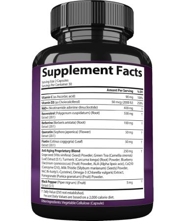 NAD Resveratrol Supplement with Berberine Quercetin CoQ10. Anti-Aging Formula for Women & Men. Liposomal NAD Plus NAD+ Booster Pure Organic Vitamin USA 60 Count (Pack of 1) - Buy Online on GoSupps.com