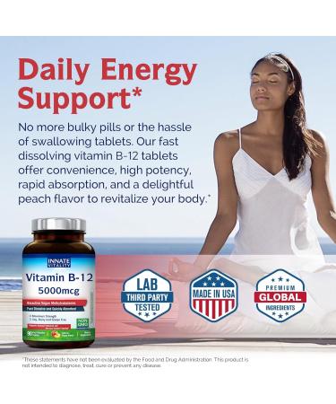 Innate Vitality Vitamin B12 5000mcg Sublingual Vegan Methylcobalamin Fast Dissolve Tablets Natural Peach Flavor Supports Energy Production & Healthy Nervous System 90 Tablets 90 Count (Pack of 1) - Buy Online on GoSupps.com