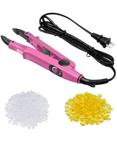 Fusion Hair Extensions Tool US Plug Professional Hair Extensions Tools Fusion Heat Iron Connector Wand U Tip Hair Extensions with 2 Bags Keratin Glue Granule Beads for Hair Extensions  C Head (Pink)