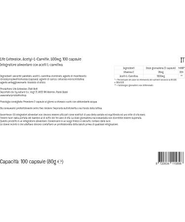 Life Extension Acetyl-L-Carnitine 500mg with High Dose Vitamin C - 100 Vegan Capsules | Laboratory Tested, Gluten-Free, Vegetarian, Non-GMO - Buy Online on GoSupps.com