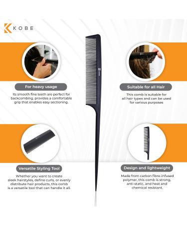 Kobe Professional Carbon Fibre Tail Comb - Fine Teeth, Lightweight, Shatter-Proof, Anti-Static - 227mm - Buy Online on GoSupps.com
