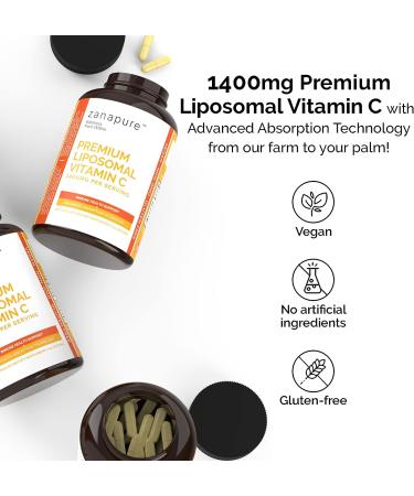 Zanapure Premium Liposomal Vitamin C Capsules - 1400mg | High Absorption & Bioavailability | 180 Capsules | Made in USA - Buy Online on GoSupps.com