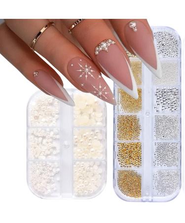 2 Boxes Nail Art Pearls Flatback Pearls Nail Charms Gold Silver White Half  Round Nail Art Supplies Luxurious Design Nail Accessories Rhinestones Mixed  Various Sizes 0.8mm-5mm for Women Nail Decoration