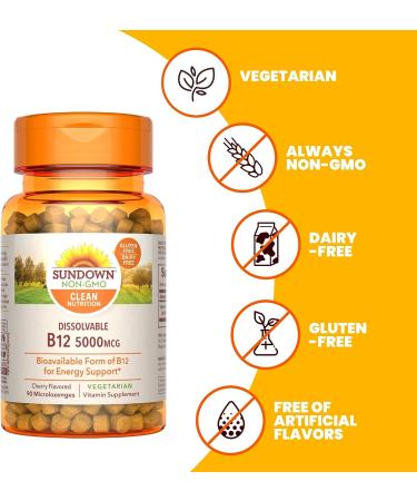 Sundown Dissolvable B12 5000mcg - Vegetarian Cherry Flavored Microlozenges for Cellular Energy - 90ct - Buy Online on GoSupps.com