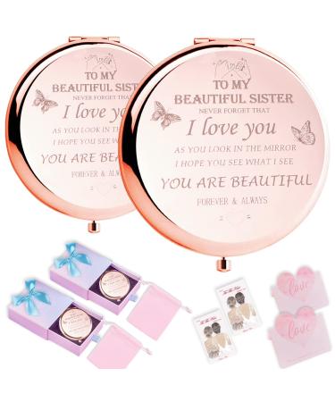 HYOUCHANG 2Pcs Sister Gifts-Gifts for Women-Compact Makeup Mirror -Bridesmaid Gift -Birthday Valentines Day Graduation Thanksgiving or Christmmas Gifts for Best Sister Friend (Rose Gold) Rose Gold-2