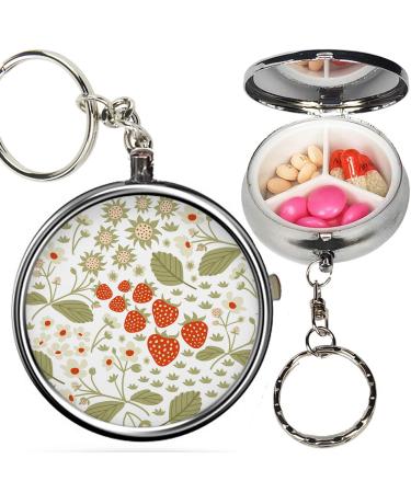 Pack of 2 - Portable Pill Organizer (Strawberry Fruits Blossoms) Metal Medicine Box 3 Compartment Stash Vitamin Meds Case with Keychain