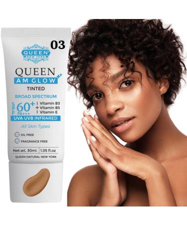 QUEEN AM GLOW | TINTED Sunscreen SPF 60 PA+++Primer-Anti Aging Face Moisturizer- Vitamin B3 B5 E-fragrance free by QUEEN NATURAL NEW YORK (03-Neutral Tan)