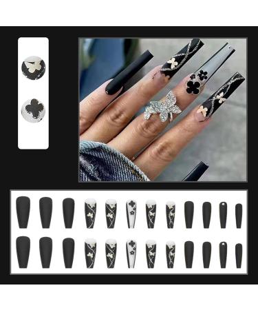 JUSTOTRY 24 Pcs Long Black & Silver Butterfly Press on Nails - French Ballerina False Nails with Floral Designs | Acrylic Coffin Nails for Women - Buy Online on GoSupps.com