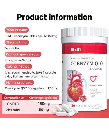 RindTi Coq10 150mg Heart Health Supplements with Vitamin E Energy Production Powerful Antioxidant 30 Capsules - Buy Online on GoSupps.com