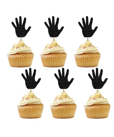 Set of 24 High Five Cupcake Toppers Black Glitter Hand Cupcake Toppers for 5th Birthday High Five Cake Decorations for Happy 5th Birthday/Anniversary Party Supplies